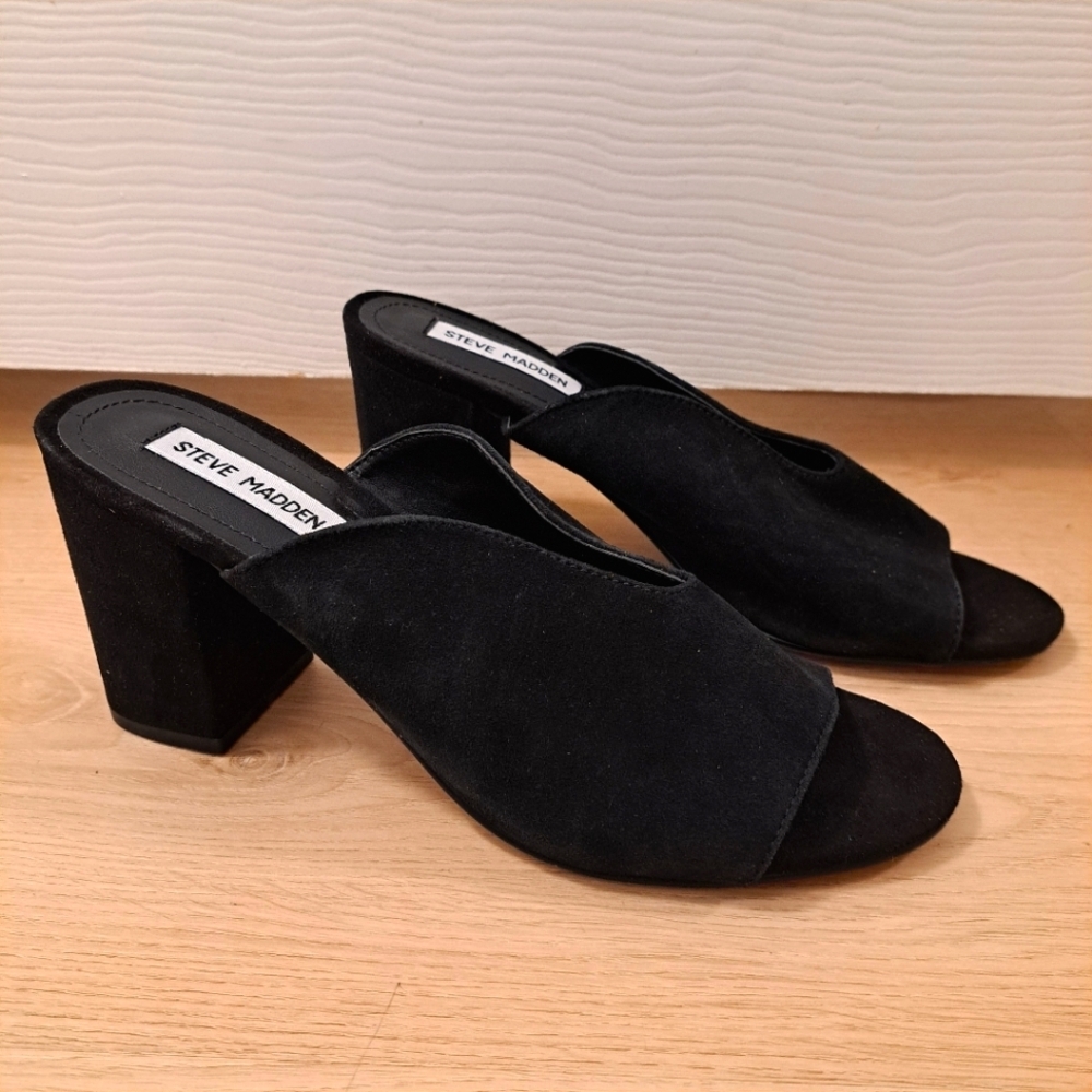Steve Madden Black Suede Slip On Feminine Dressy Open Toe Block Heels Size 8.5M